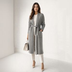 NWT Tahari 100% Cashmere Long Duster Cardigan Grey Belted